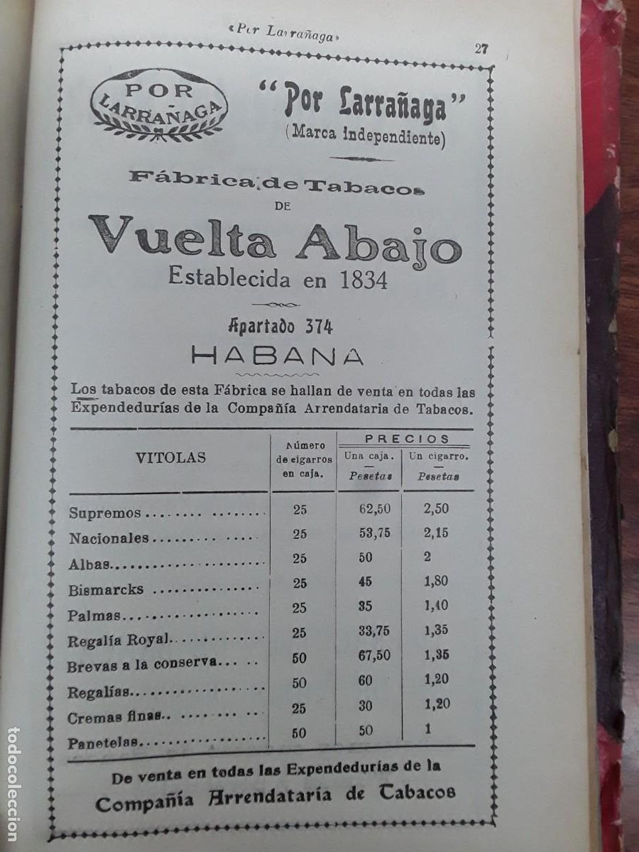 Colecionismo de cartazes: FABRICA TABACOS DE VUELTA ABAJO POR LARRA&Ntilde;AGA HABANA CUBATARIFA VITOLAS HOJA A&Ntilde;O 1925