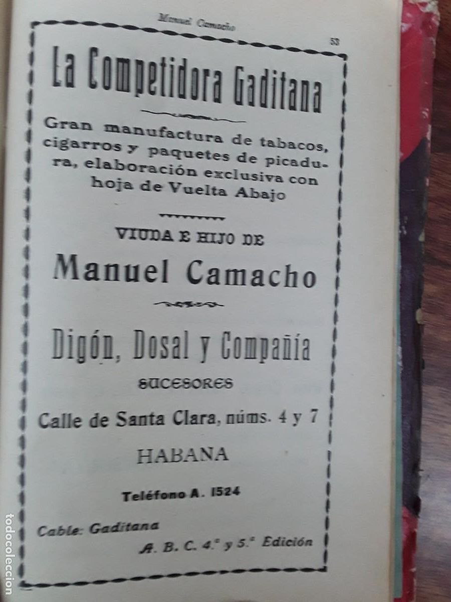 Collectionnisme d'affiches: LA COMPETIDORA GADITANA VIUDA HIJO MANUEL CAMACHO CIGARROS VUELTA ABAJO HOJA A&Ntilde;O 1925