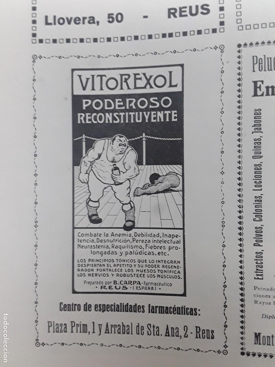 Colecionismo de cartazes: PHOSCAO FORTUNY HERMANOS VITOREXOL PELUQUERIA EMIL E.SISQUELLAS PEDRO MARINE REUS HOJA A&Ntilde;O 1929
