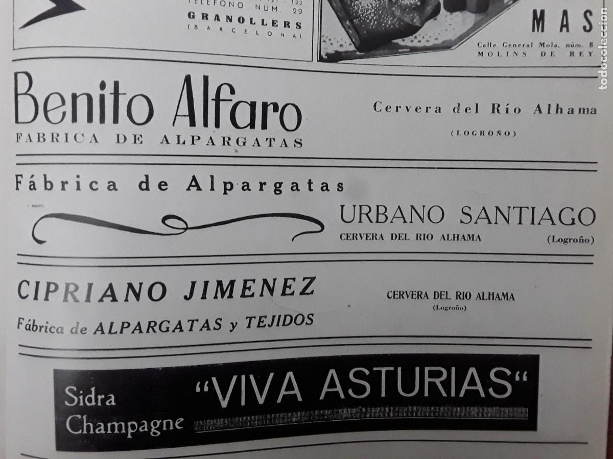 Colecionismo de cartazes: FABRICA ALPARGATAS BENITO ALFARO URBANO SANTIAGO CIPRIANO JIMENEZ CERVERA DEL RIO ALHAMA A&Ntilde;O 1940