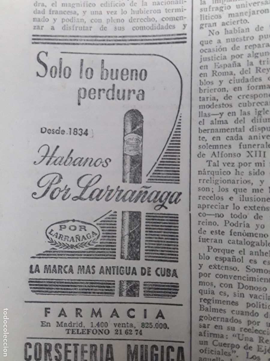 Collezionismo di affissi: HABANOS POR LARRA&Ntilde;AGA LA MARCA MAS ANTIGUA DE CUBA DESDE 1834 HOJA A&Ntilde;O 1957