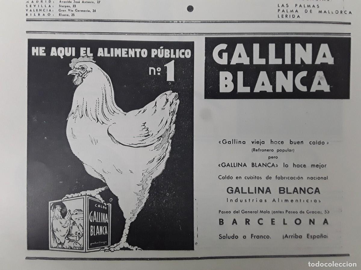 Colecionismo de cartazes: CALDO GALLINA BLANCA CALDO EN CUBITOS FABRICACION NACIONAL BARCELONA SALUDO A FRANCO HOJA R 1939