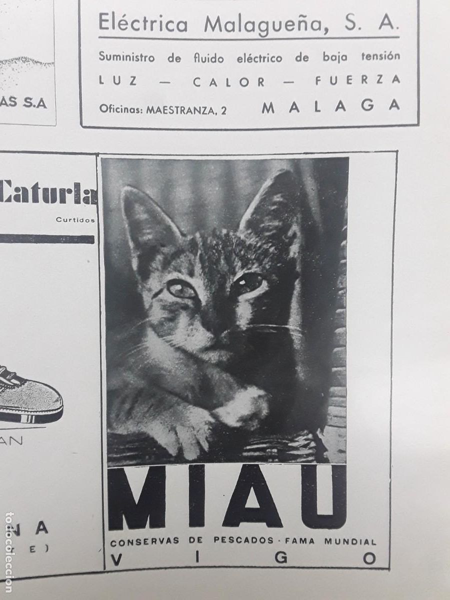 Coleccionismo de carteles: CONSERVAS DE PESCADO FAMA MUNDIAL MIAU VIGO HOJA A&Ntilde;O 1939