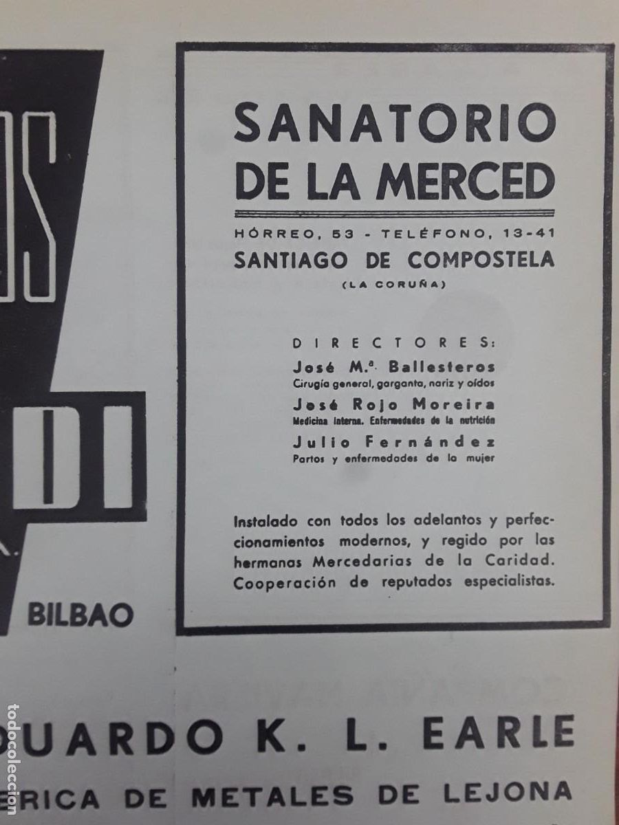 Colecionismo de cartazes: SANATORIO DE LA MERCED SANTIAGO COMPOSTELA JOSE M&ordf; BALLESTEROS JOSE ROJO MOREIRA HOJA A&Ntilde;O 1937