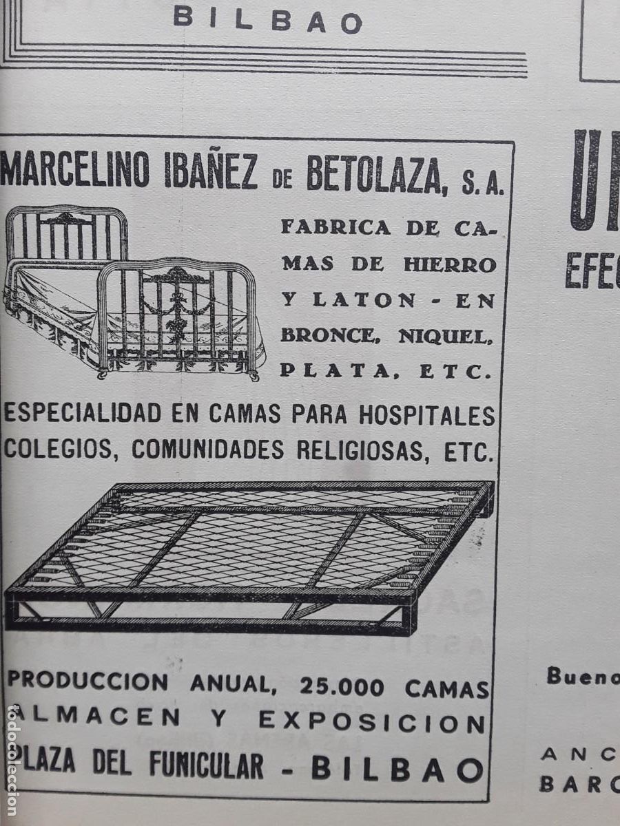 Colecionismo de cartazes: FABRICA CAMAS DE HIERRO Y LATON MARCELINO IBA&Ntilde;EZ DE BETOLAZA BILBAO HOJA A&Ntilde;O 1937