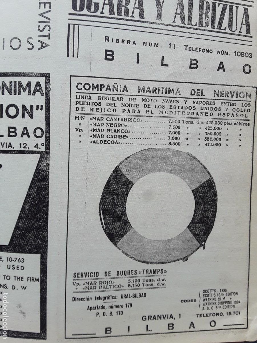 Colecionismo de cartazes: COMPA&Ntilde;IA MARITIMA DEL NERVION BILBAO MOTO NAVES VAPORES BUQUES TRAMPS HOJA A&Ntilde;O 1937