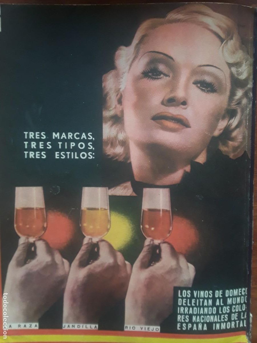 Colecionismo de cartazes: VINOS DE DOMECQ TRES MARCAS LA RAZA JANDILLA RIO VIEJO MEDIDAS 35 X 27 CM HOJA A&Ntilde;O 1937