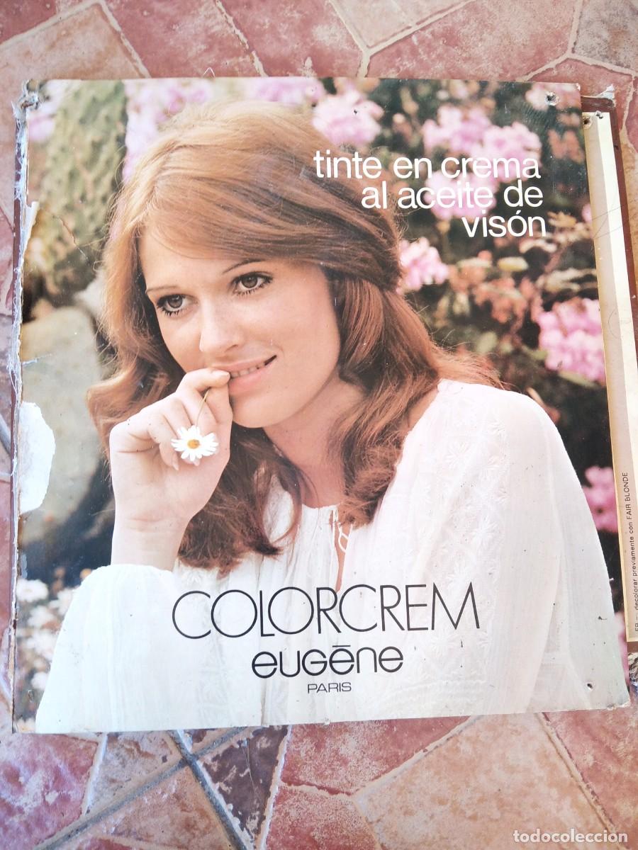 Coleccionismo de carteles: Antiguo cartel cart&oacute;n con muestra cabello tinte Eugene Colorcrem Paris - Peluquer&iacute;as