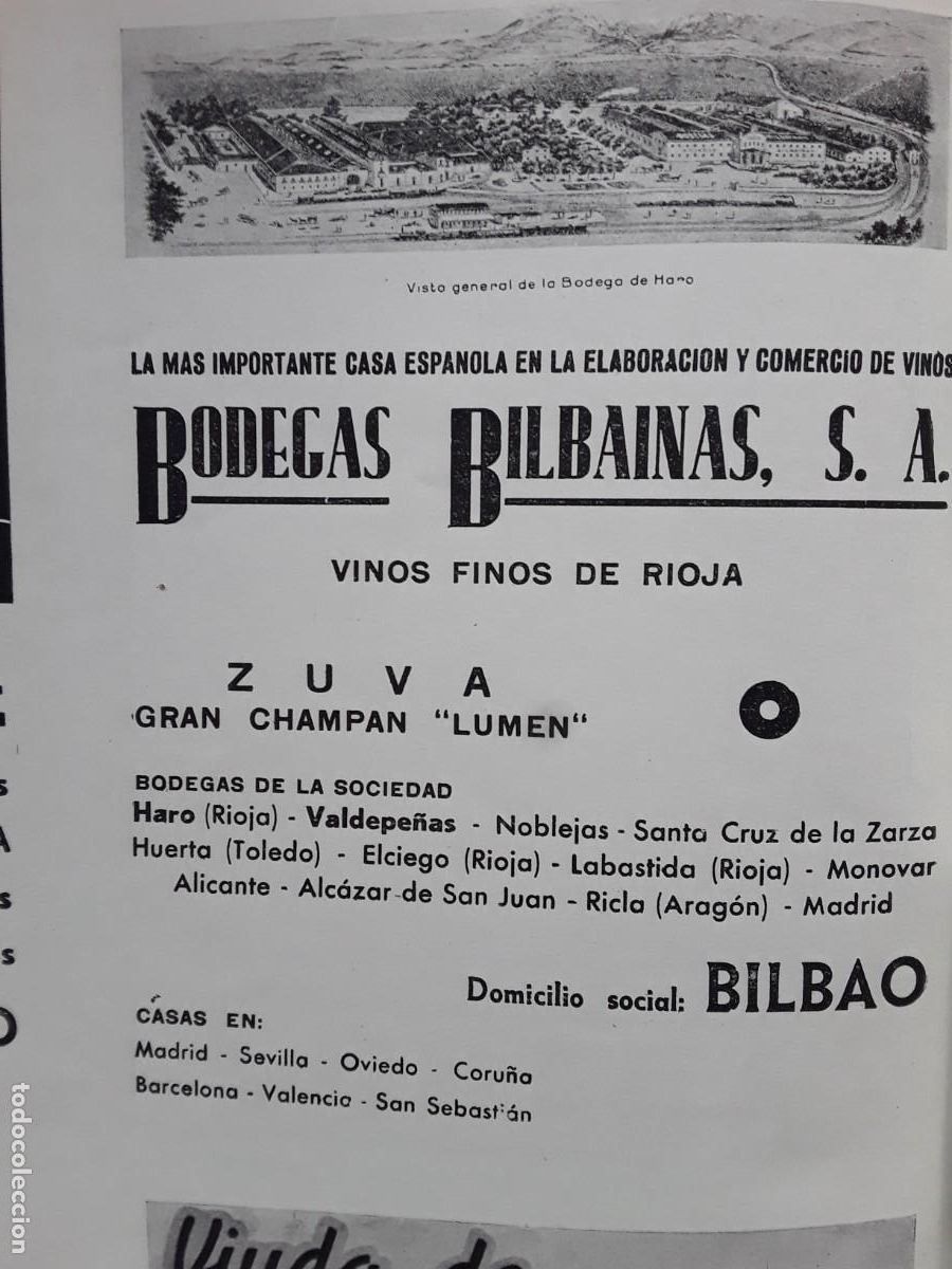 Coleccionismo de carteles: BODEGAS BILBAINAS VINOS FINOS ZUVA CHAMPAN LUMEN HARO VALDEPE&Ntilde;AS RIOJA BILBAO HOJA A&Ntilde;O 1937