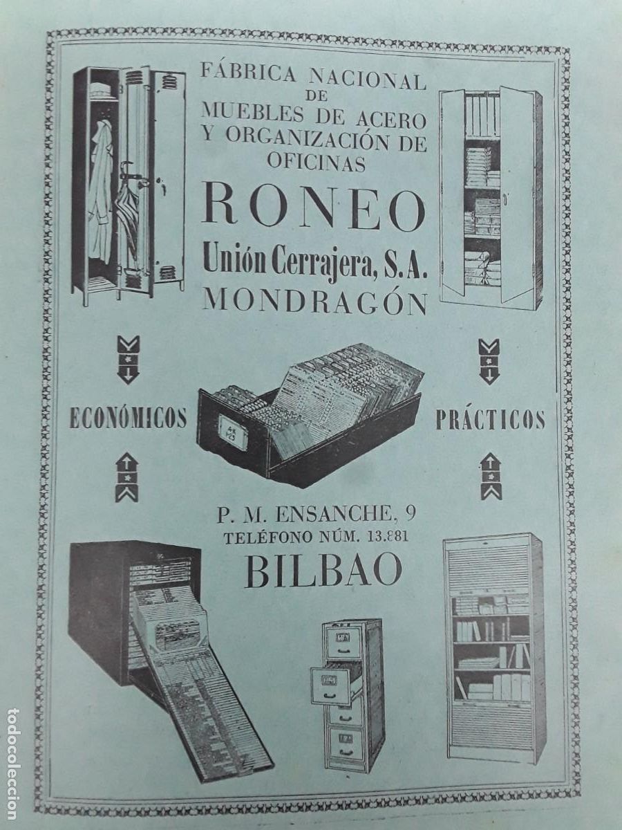 Colecionismo de cartazes: FABRICA NACIONAL MUEBLES ACERO RONEO UNION CERRAJERA S.A. MONDRAGON BILBAO HOJA A&Ntilde;O 1930