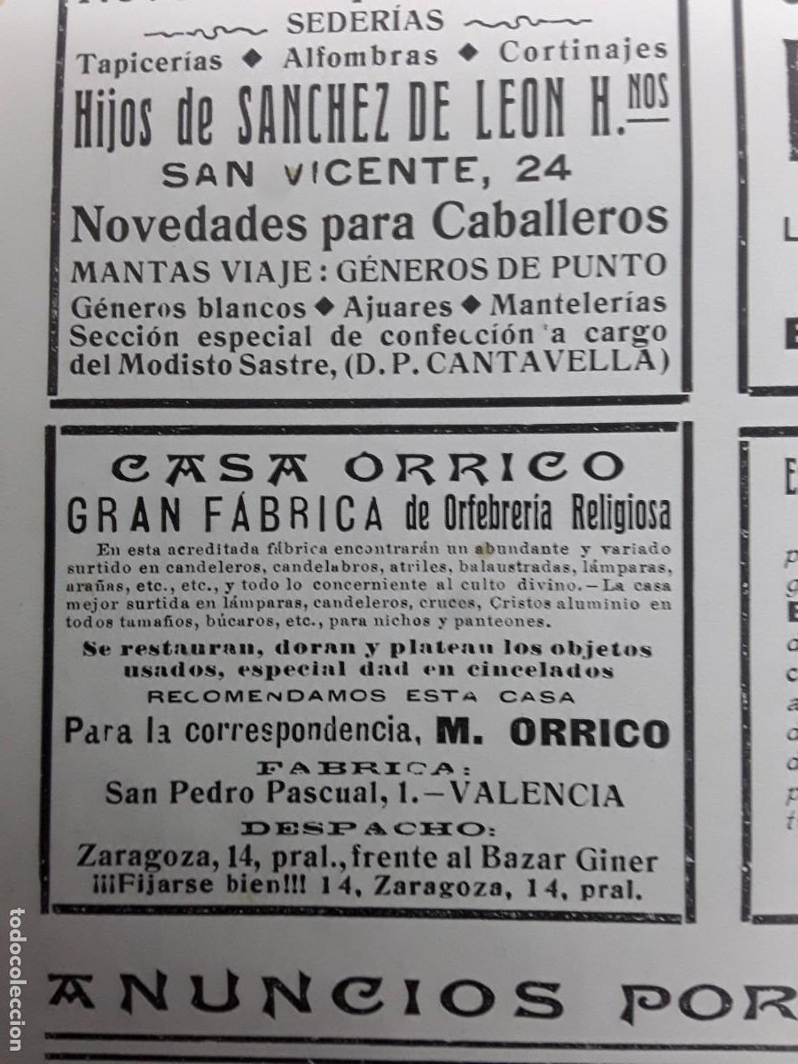Collectionnisme d'affiches: CASA ORRICO ORFEBRERIA RELIGIOSA / FRANCISCO PABLO ESCIULTURA RELIGIOSA VALENCIA HOJA A&Ntilde;O 1917