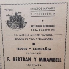 Coleccionismo de carteles: FERRER Y Cª SUCESORES F.BERTRAN Y MIRABELL EFECTOS NAVALES VIGO MARINA MILITAR VAPORES HOJA 1940. Lote 403372869