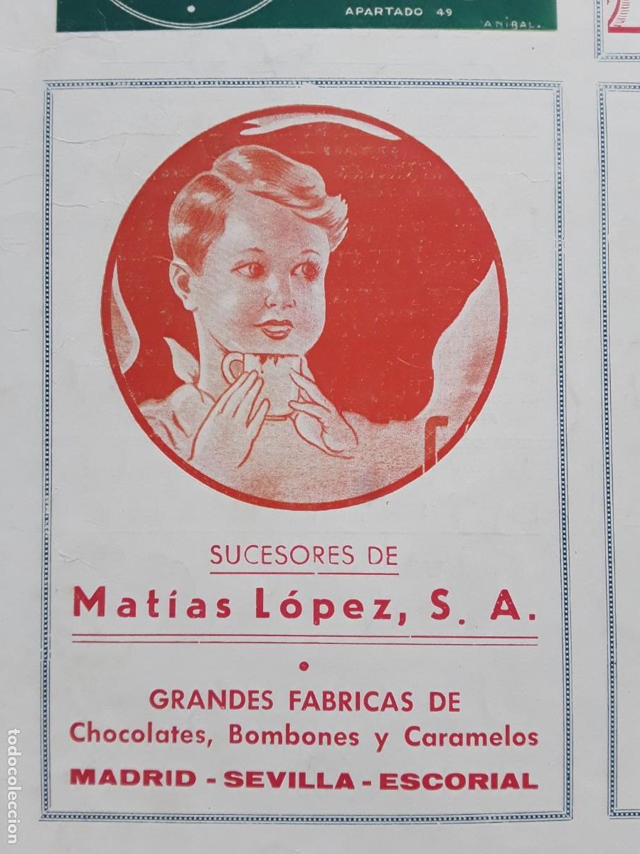Colecionismo de cartazes: GRANDES FABRICAS CHOCOLATES BOMBONES CARAMELOS SUCESORES MATIAS LOPEZ MADRID SEVILLA A&Ntilde;O 1940