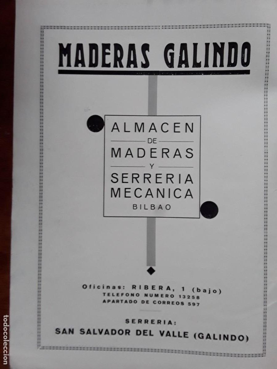 Coleccionismo de carteles: MADERAS GALINDO ALMACEN MADERAS SERRERIA MECANICA BILBAO SAN SALVADOR DEL VALLE GALINDO A&Ntilde;O 1941