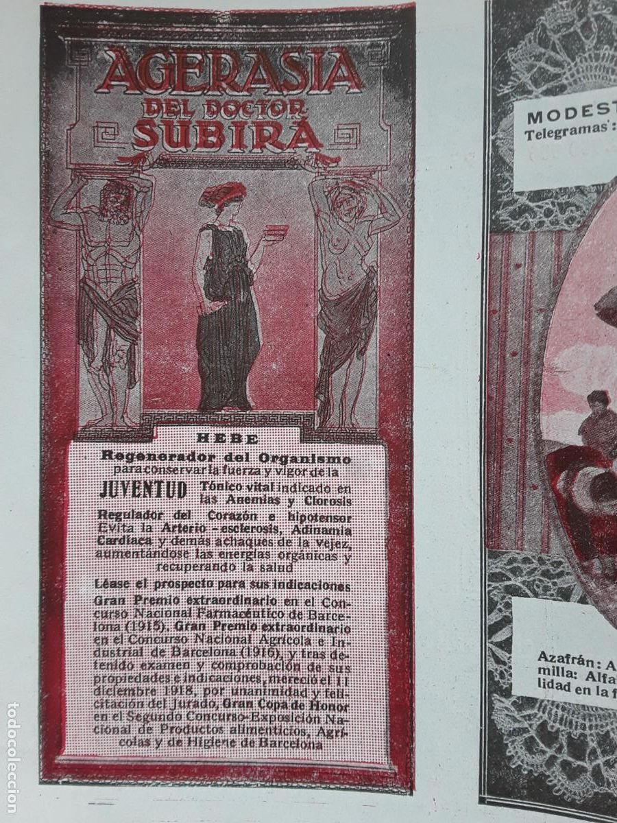 Collectionnisme d'affiches: AGERASIA DEL DOCTOR SUBIRA HEBE REGENERADOR DEL ORGANISMO MEDICAMENTO HOJA A&Ntilde;O 1920