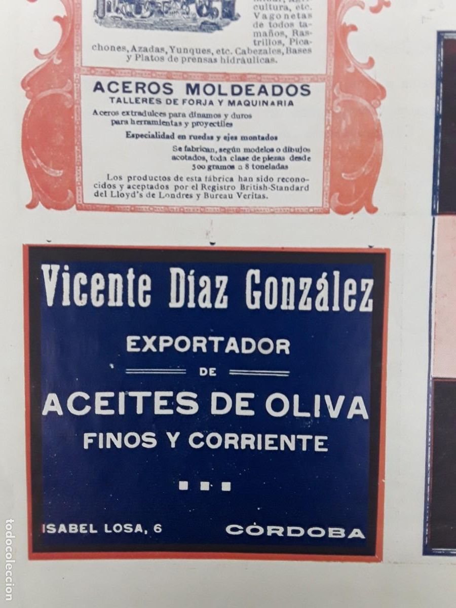 Colecionismo de cartazes: VICENTE DIAZ GONZALEZ EXPORTADOR DE ACEITES DE OLIVA FINOS Y CORRIENTES CORDOBA HOJA A&Ntilde;O 1920
