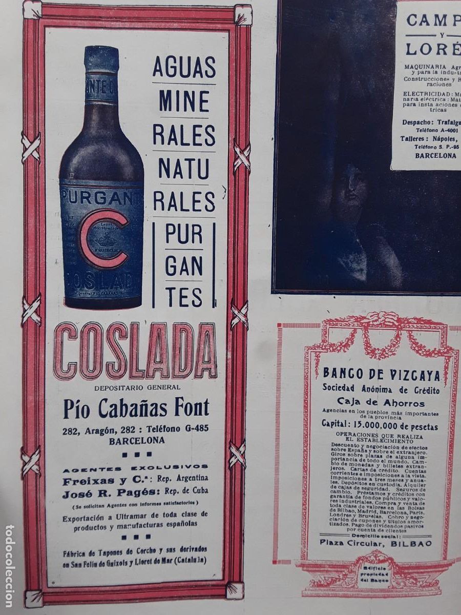 Coleccionismo de carteles: AGUAS MINERALES PURGANTES COSLADA PIO CABA&Ntilde;AS FONT TAPONES CORCHO SANT FELIU GUIXOLS HOJA A&Ntilde;O 1920