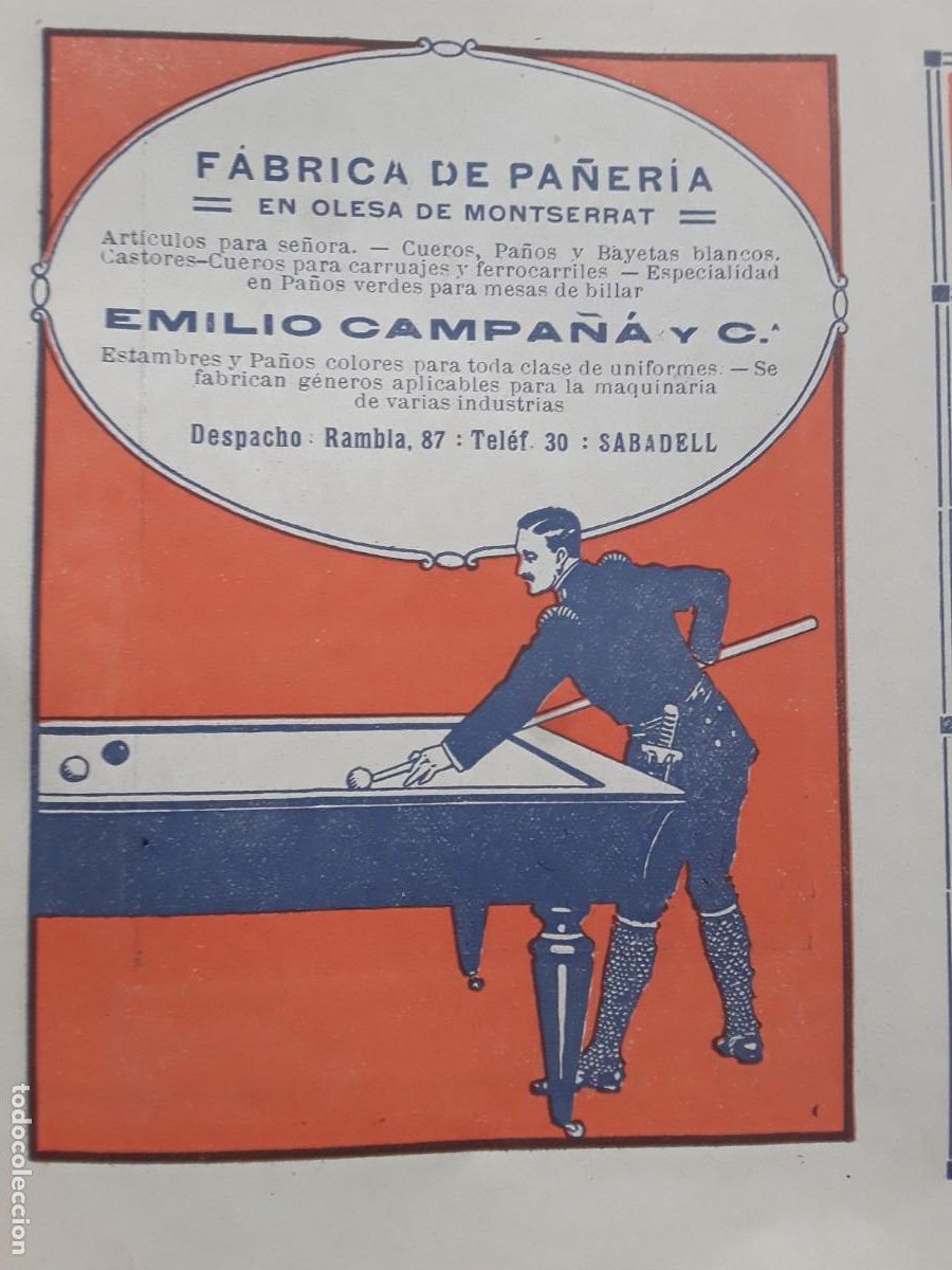 Sammeln von Plakaten: FABRICA PA&Ntilde;ERIA OLESA MONTSERRAT EMILIO CAMPA&Ntilde;A PA&Ntilde;OS VERDES MESA BILLAR HOJA REVISTA A&Ntilde;O 1920