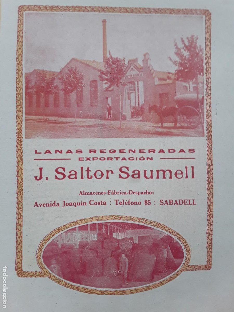 Coleccionismo de carteles: EXPORTACION LANAS REGENERADAS J.SALTOR SAUMELL SABADELL HOJA REVISTA A&Ntilde;O 1920