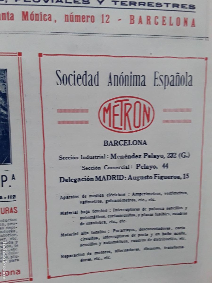 Sammeln von Plakaten: SOCIEDAD ANONIMA ESPA&Ntilde;OLA METRON BARCELONA APARATOS MEDIDAS ELECTRICOS HOJA A&Ntilde;O 1920