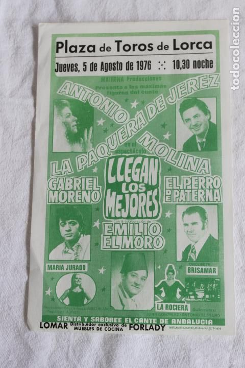Coleccionismo de carteles: PLAZA DE TOROS LORCA ANTONIO MOLINA LA PAQUERA DE JEREZ 1976