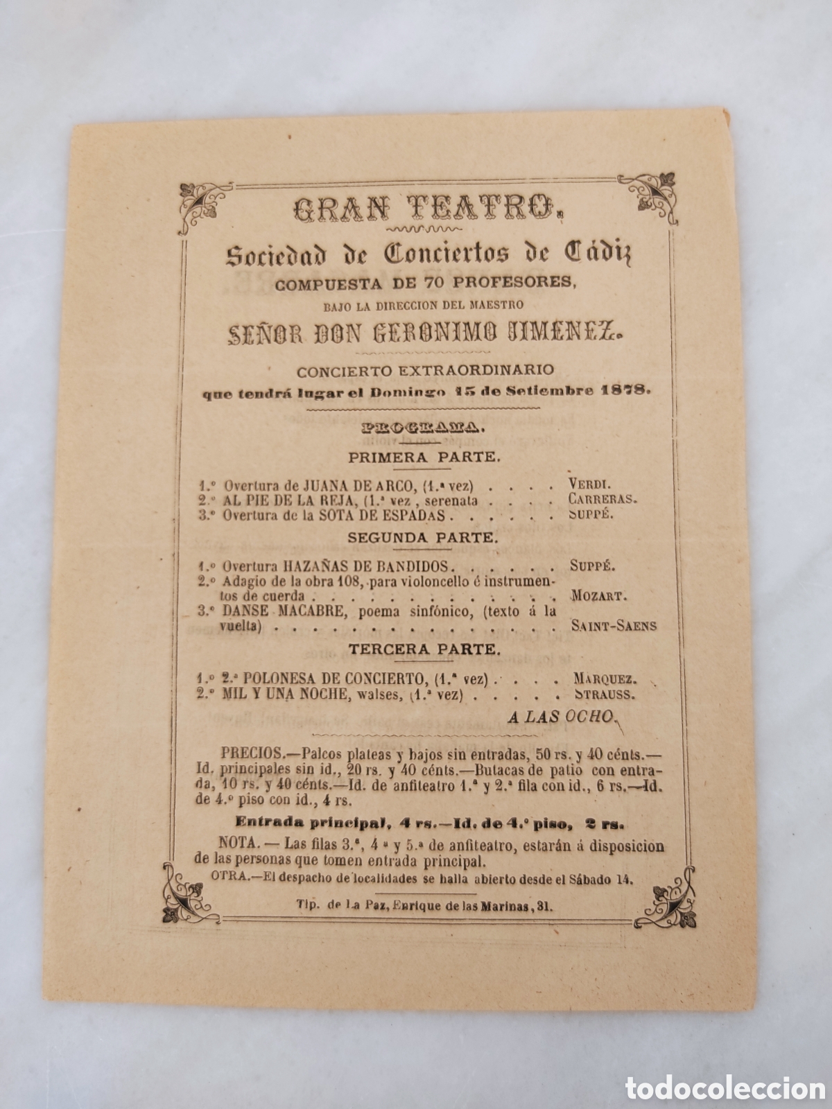 Sammeln von Plakaten: programa antiguo Gran Teatro sociedad conciertos de Cadiz 1878