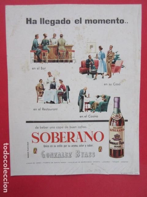 Coleccionismo de carteles: PUBLICIDAD ORIGINAL - CO&Ntilde;AC BRANDY SOBERANO GONZALEZ BYASS 1959 -TRAS.ILUSTRACION