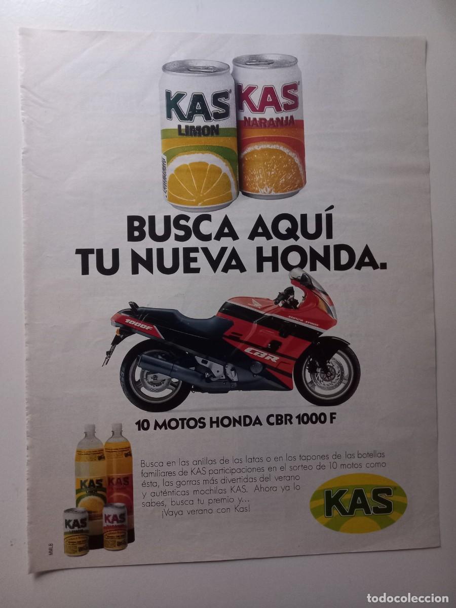 Coleccionismo de carteles: ANUNCIO KAS LIM&Oacute;N Y NARANJA REGALA MOTOS HONDA. EXTRA&Iacute;DO DE REVISTA. 22X28 CM.