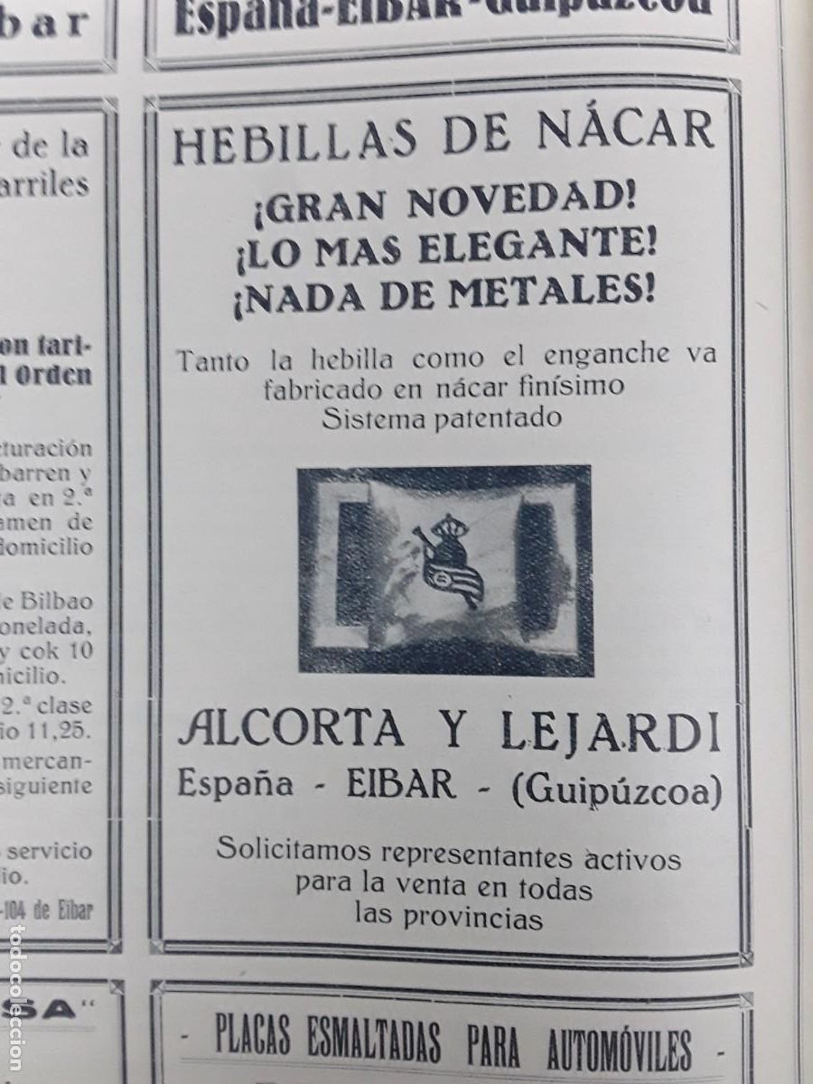 Colecionismo de cartazes: ALCORTA Y LEJARDI HEBILLAS NACAR / EGURROLA H&ordf; INSIGNIAS / ARRIETA Y ACHA BISUTERIA EIBAR A&Ntilde;O 1928