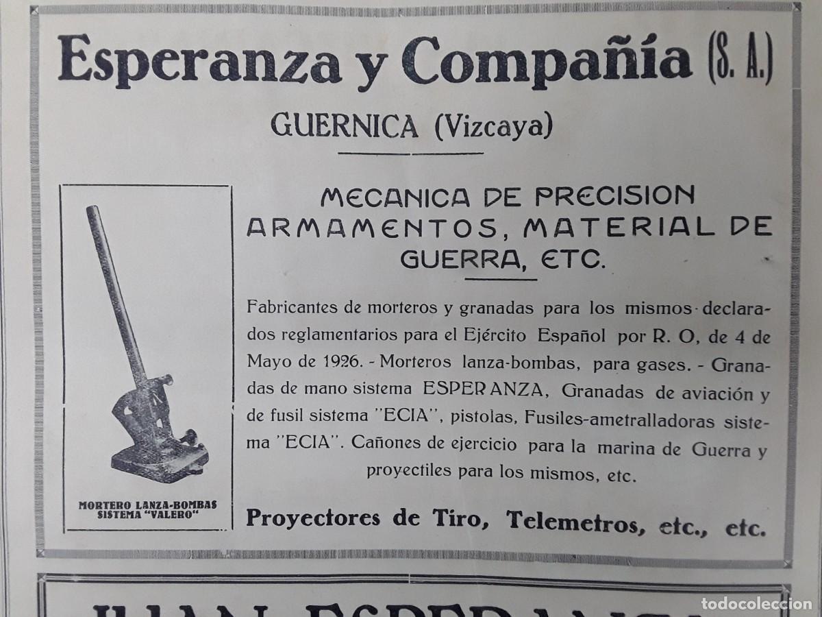Coleccionismo de carteles: FABRICANTE MORTEROS GRANADAS ARMAMENTO GUERRA ESPERANZA Y C&ordf; GUERNICA HOJA A&Ntilde;O 1928