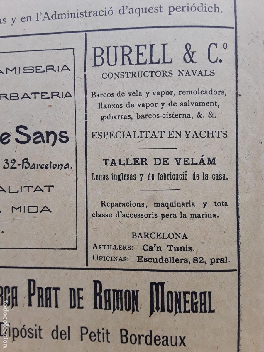 Coleccionismo de carteles: BURELL & C&ordf; CONSTRUCTORS NAVALS / CAMISERIA Y CORBATERIA JAUME SANS BARCELONA HOJA ANY 1902