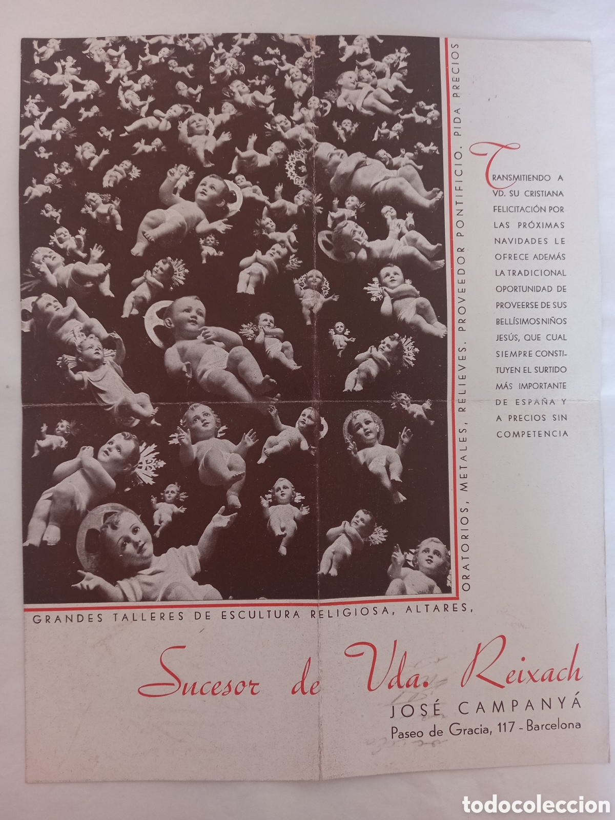 Coleccionismo de carteles: Cartel Taller Escultura Religiosa Vda Reixach. Paseo Gracia 117