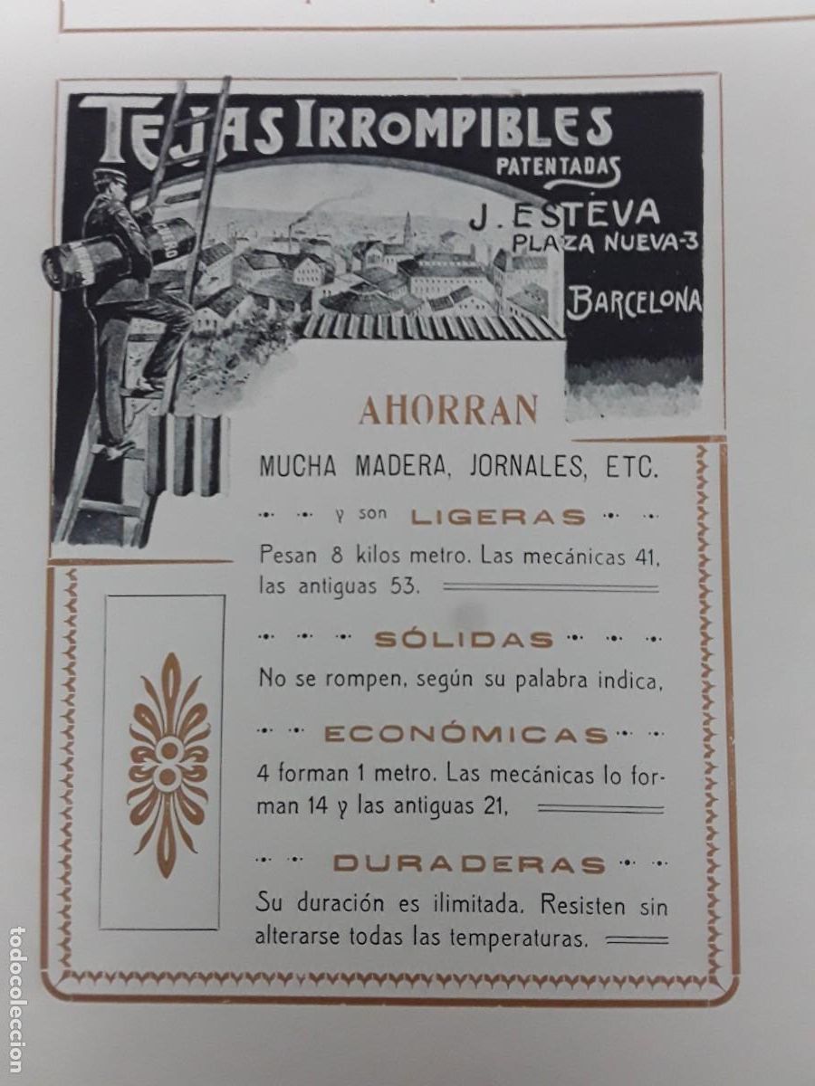 Collezionismo di affissi: TEJAS IRROMPIBLES PATENTADAS POR J.ESTEVA BARCELONA LIGERAS SOLIDAS DURADERAS HOJA A&Ntilde;O 1906