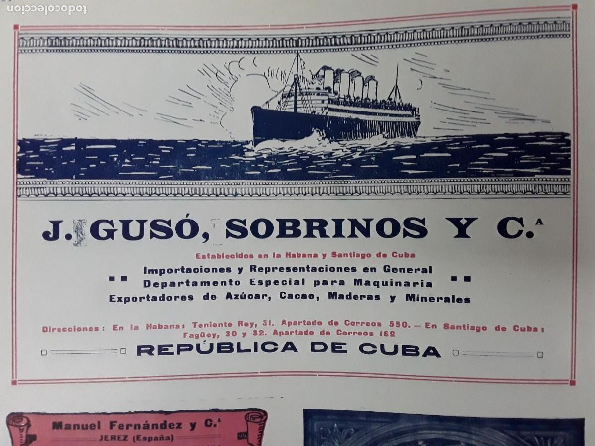 Colecionismo de cartazes: J.GUSO , SOBRINOS Y C&ordf; EXPORTADORES AZUCAR CACAO MADERAS MINERAL HABANA SANTIAGO CUBA HOJA A&Ntilde;O 1920