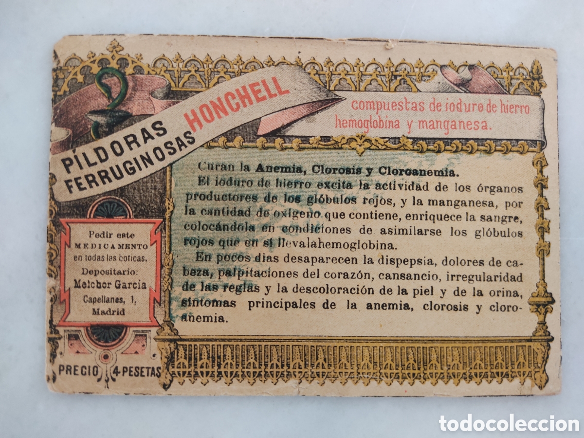 Sammeln von Plakaten: Cartel p&iacute;ldoras ferruginosas Honchell depositario Melchor Garc&iacute;a Madrid