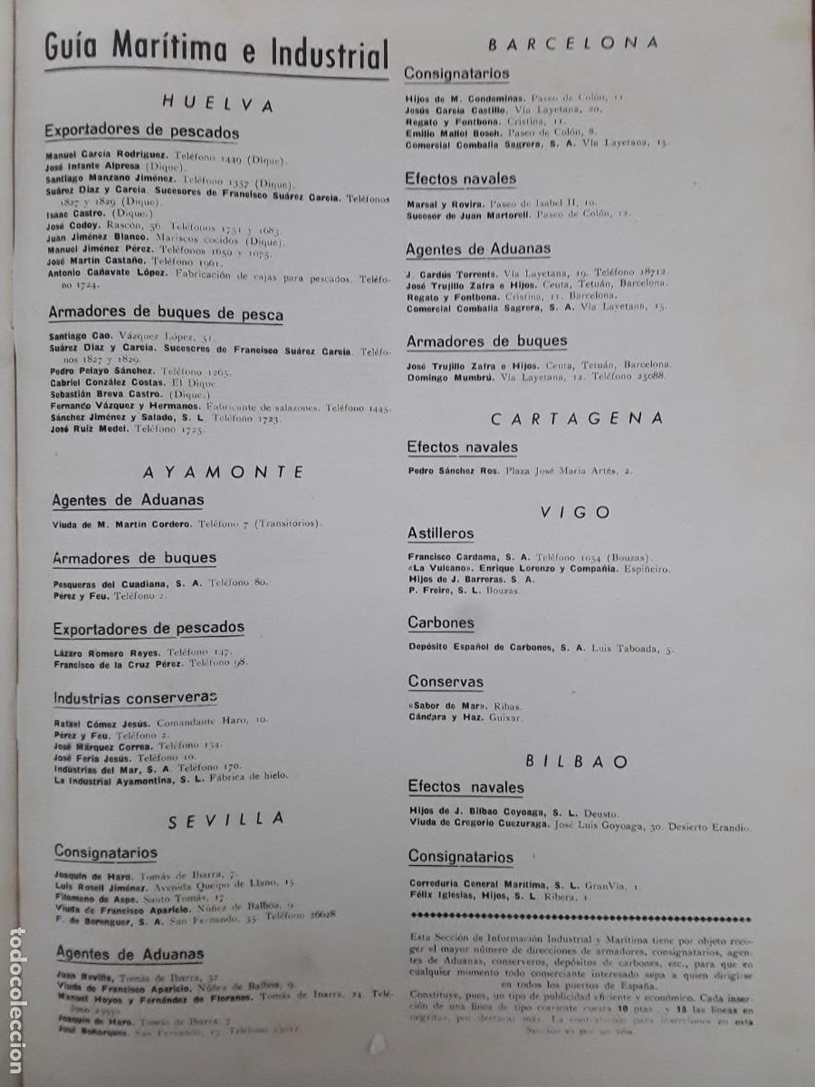 Colecionismo de cartazes: GUIA MARITIMA E INDUSTRIAL HUELVA AYAMONTE SEVILLA VIGO BILBAO BARCELONA CARTAGENA HOJA A&Ntilde;O 1942