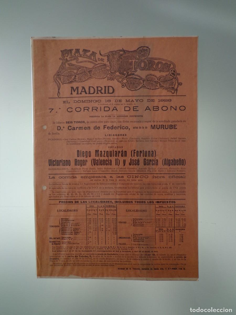 Sammeln von Plakaten: CARTEL DE TOROS PLAZA DE MADRID 16 MAYO DE 1926. FORTUNA, VALENCIA II Y ALGABE&Ntilde;O.