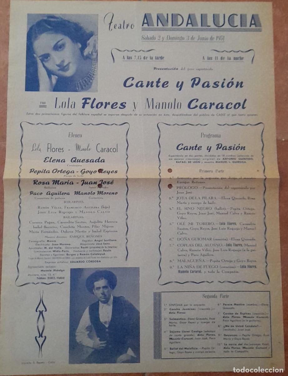 Coleccionismo de carteles: PEQUE&Ntilde;O CARTEL DEL TEATRO ANDALUC&Iacute;A DE C&Aacute;DIZ, LOLA FLORES Y M. CARACOL, CANTE Y PASI&Oacute;N, 1951