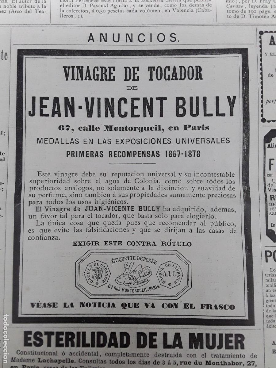 Coleccionismo de carteles: VINAGRE DE TOCADOR DE JEAN VICENT BULLY PARIS HOJA REVISTA A&Ntilde;O 1881