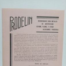Coleccionismo de carteles: PUBLICIDAD. PRODELIN - REGENERADOR PARA METALES DE ANTIFRICCIÓN, ESTAÑO, PLOMO Y OTRAS ALEACIONES