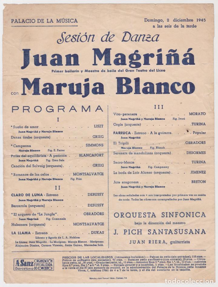 Coleccionismo de carteles: CARTEL PALACIO DE LA M&Uacute;SICA &ndash; SESI&Oacute;N DE DANZA &ndash; JUAN MAGRI&Ntilde;&Aacute; Y MARUJA BLANCO &ndash; DICIBRE 1945