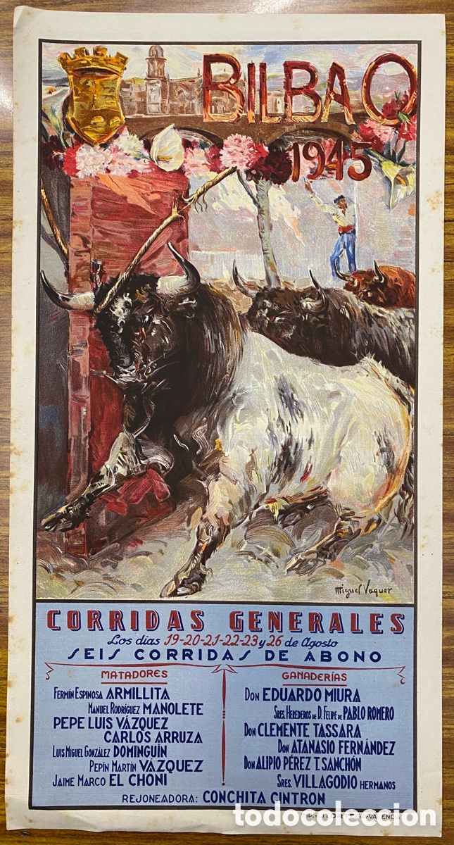 Coleccionismo de carteles: Cartel corrida toros BILBAO 1945 - Manolete, Domingu&iacute;n, Pepe Vazquez