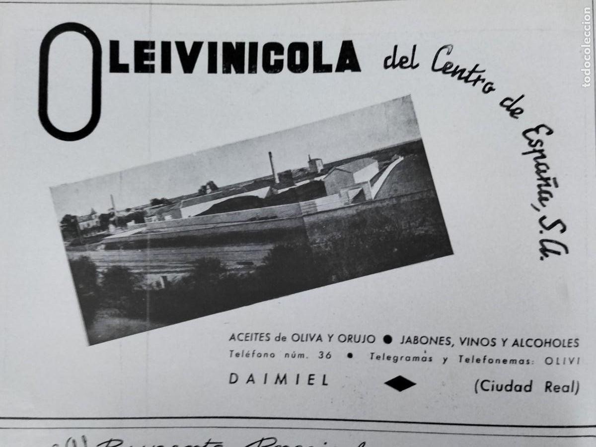 Colecionismo de cartazes: OLEIVINICOLA DEL CENTRO DE ESPA&Ntilde;A DAIMIEL CIUDAD REAL ACEITE OLIVA ORUJOS VINOS HOJA A&Ntilde;O 1940
