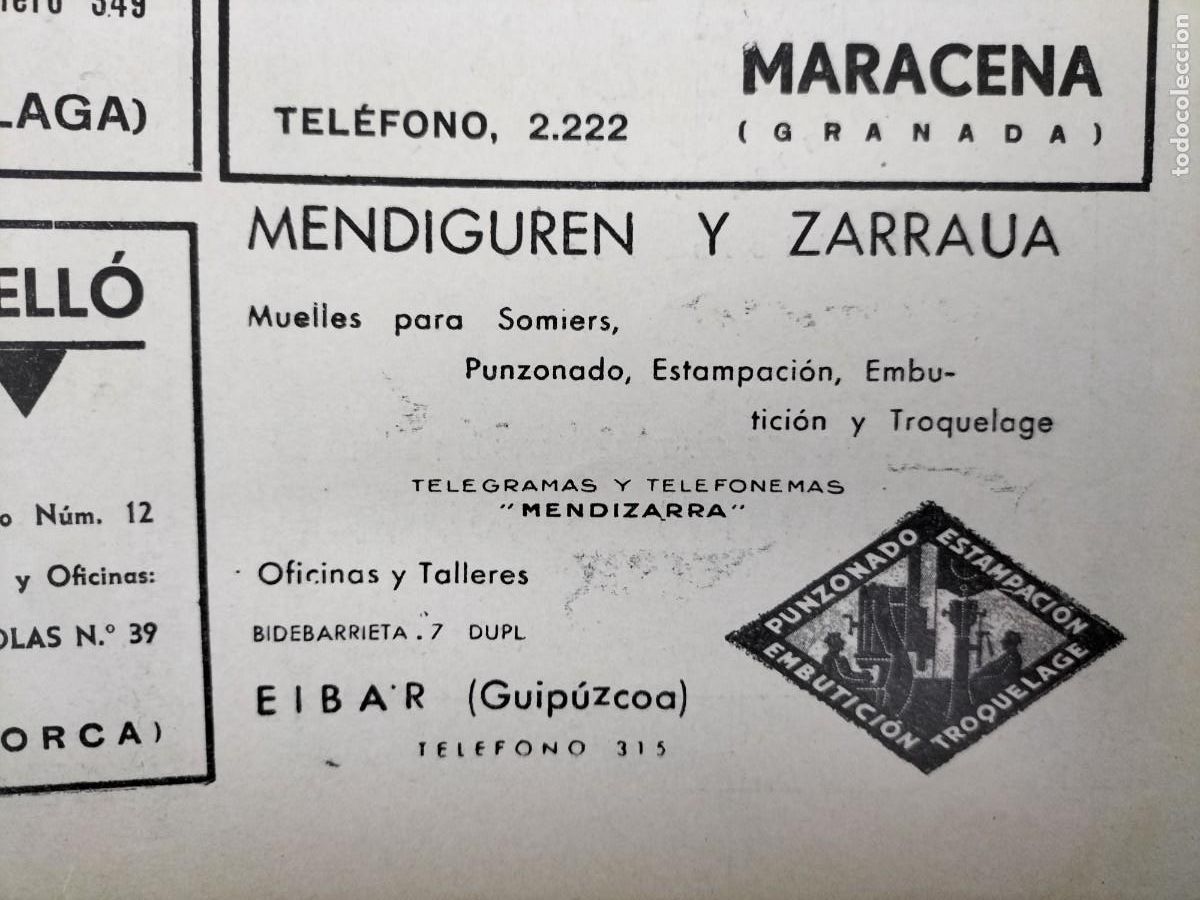 Coleccionismo de carteles: MENDIGUREN Y ZARRAUA MUELLES PARA SOMIERS EIBAR HOJA REVISTA A&Ntilde;O 1938