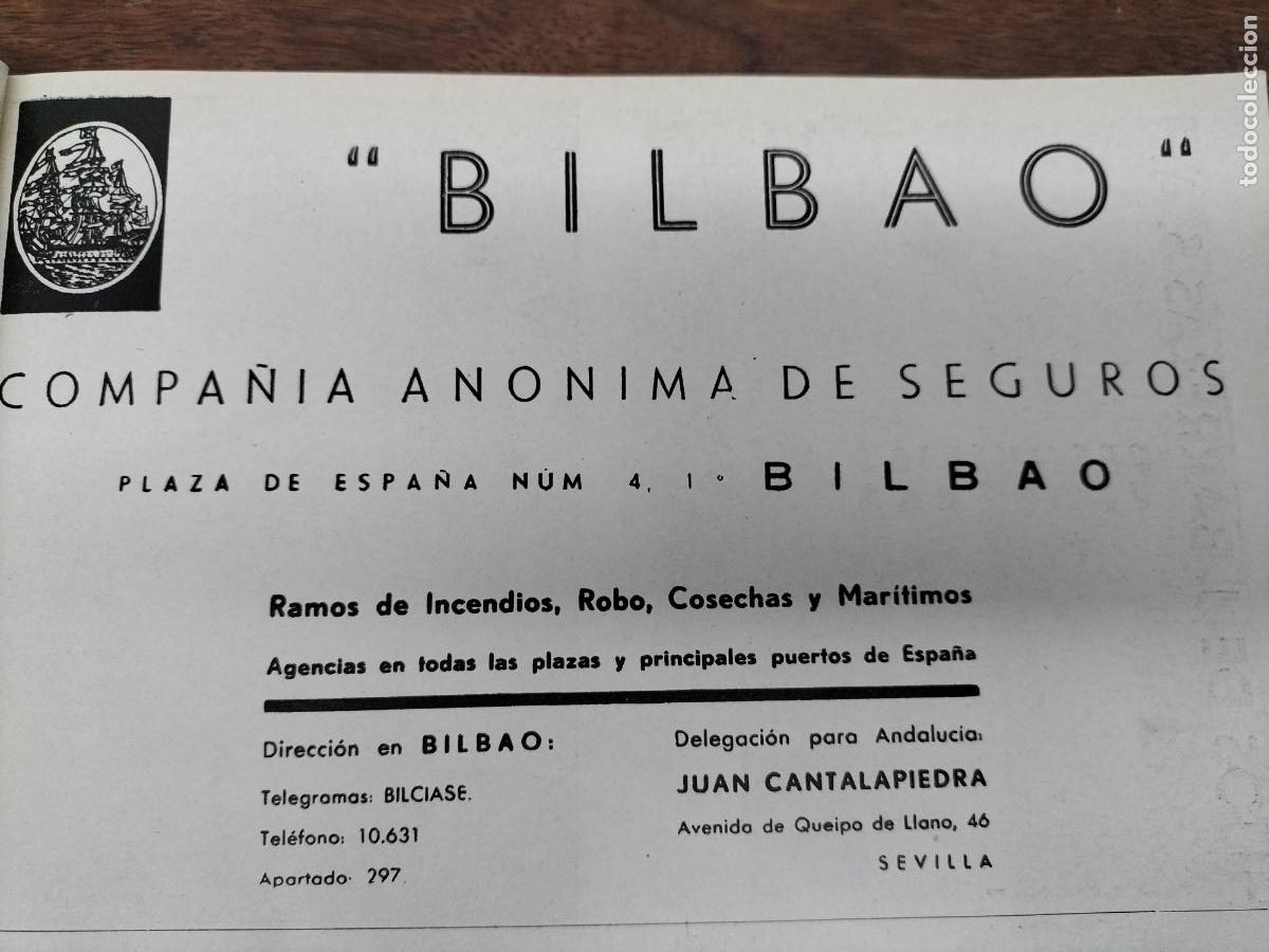 Colecionismo de cartazes: COMPA&Ntilde;IA ANONIMA DE SEGUROS BILBAO RAMOS INCENDIO ROBO COSECHAS HOJA REVISTA 1938