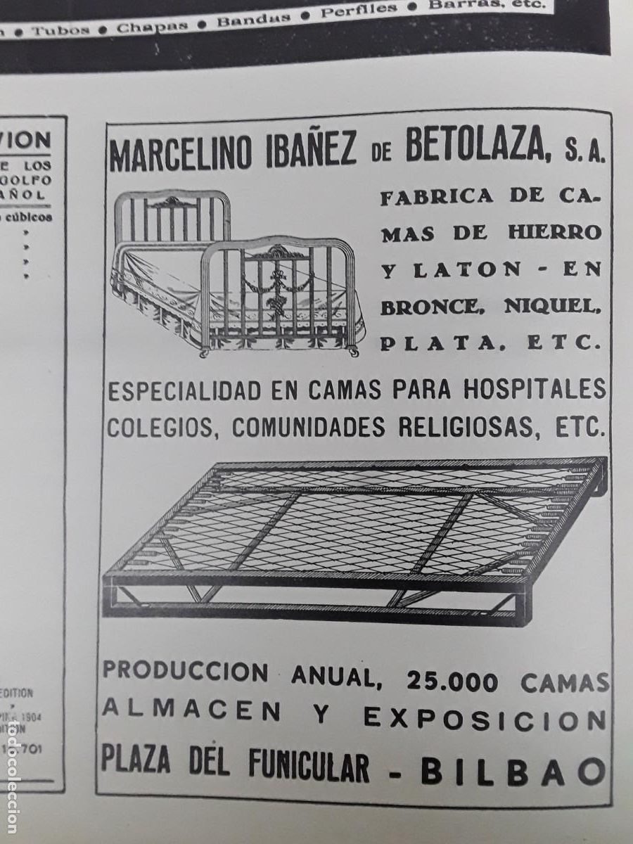 Colecionismo de cartazes: FABRICA CAMAS HIERRO Y LATON MARCELINO IBA&Ntilde;EZ DE BETOLAZA BILBAO HOJA A&Ntilde;O 1938