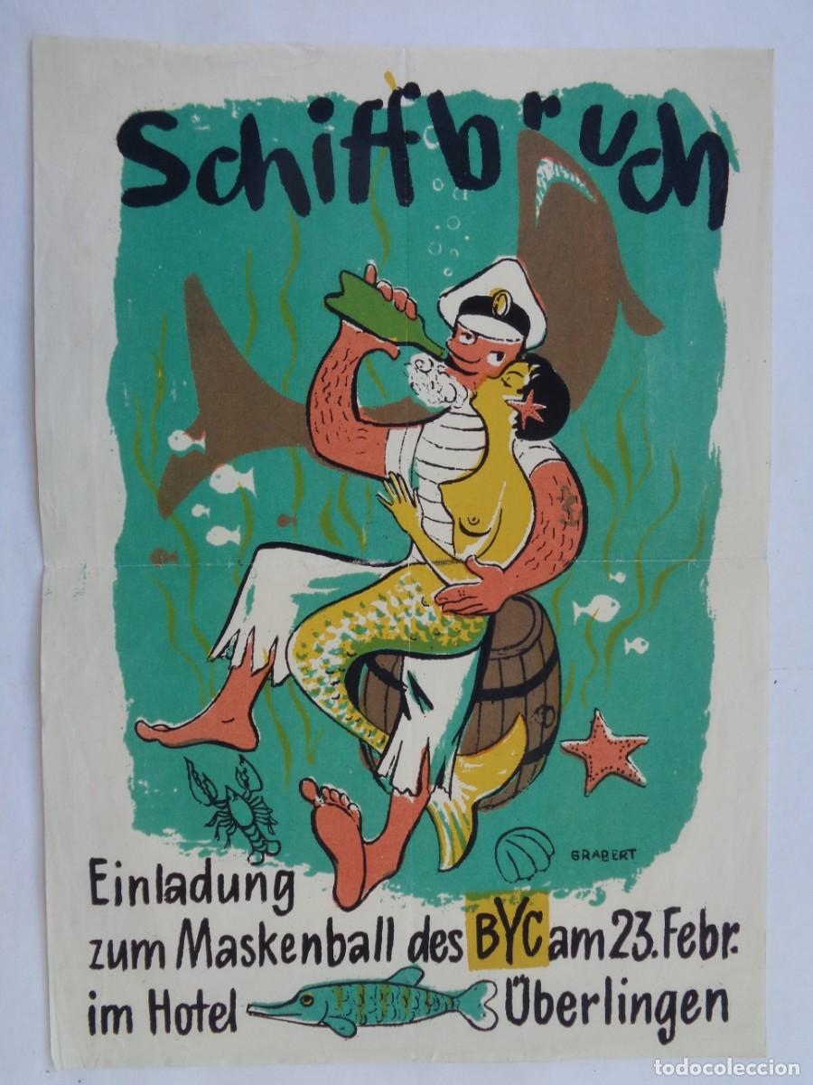Coleccionismo de carteles: PEQUE&Ntilde;O CARTEL DE NAUFRAGIO: INVITACION AL BAILE DE MASCARAS EN BYC . LITOGRAFIA EN ALEMAN A&Ntilde;OS 40 ?