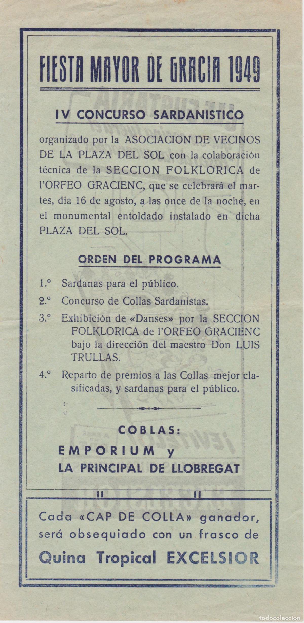 Colecionismo de cartazes: ANTIGUO CARTEL PUBLICITARIO FIESTA MAYOR DE GRACIA 1949 &ndash; IV CONCURSO SARDAN&Iacute;STICO &ndash; DORSO (PUBLI