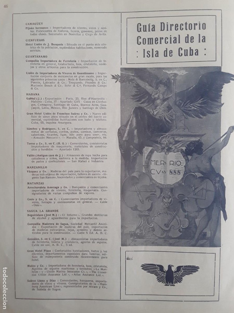 Colecionismo de cartazes: GUIA DIRECTORIO COMERCIAL ISLA CUBA HABANA MATANZAS CAMAGUEY CIENFUEGOS HOJA A&Ntilde;O 1914