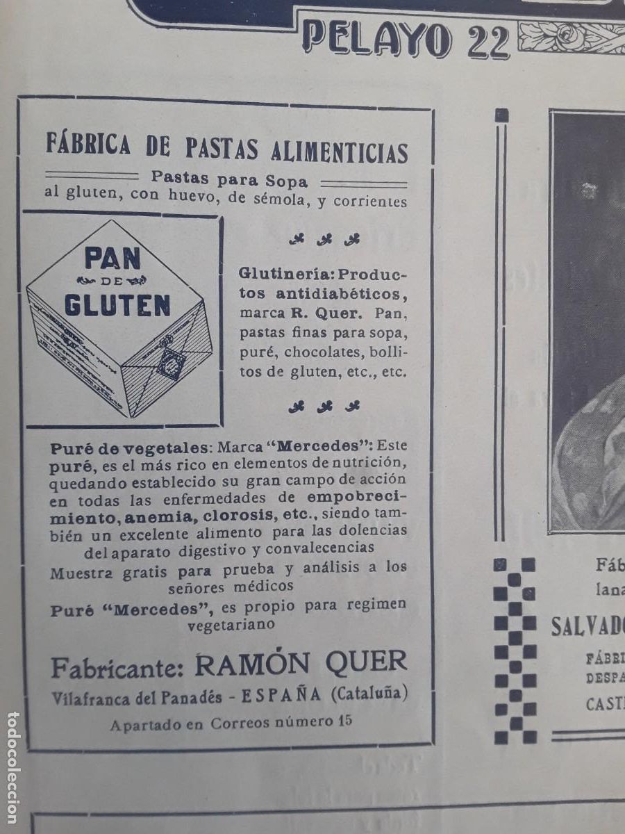 Collectionnisme d'affiches: FABRICA DE PASTAS ALIMENTICIAS RAMON QUER VILAFRANCA PANADES PAN DE GLUTEN SOPAS HOJA A&Ntilde;O 1914